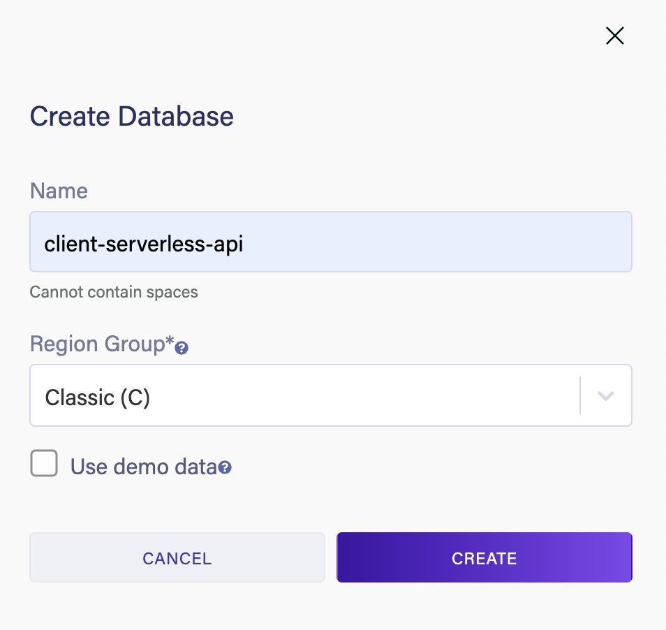 The 'Create a new database' panel in the Dashboard
