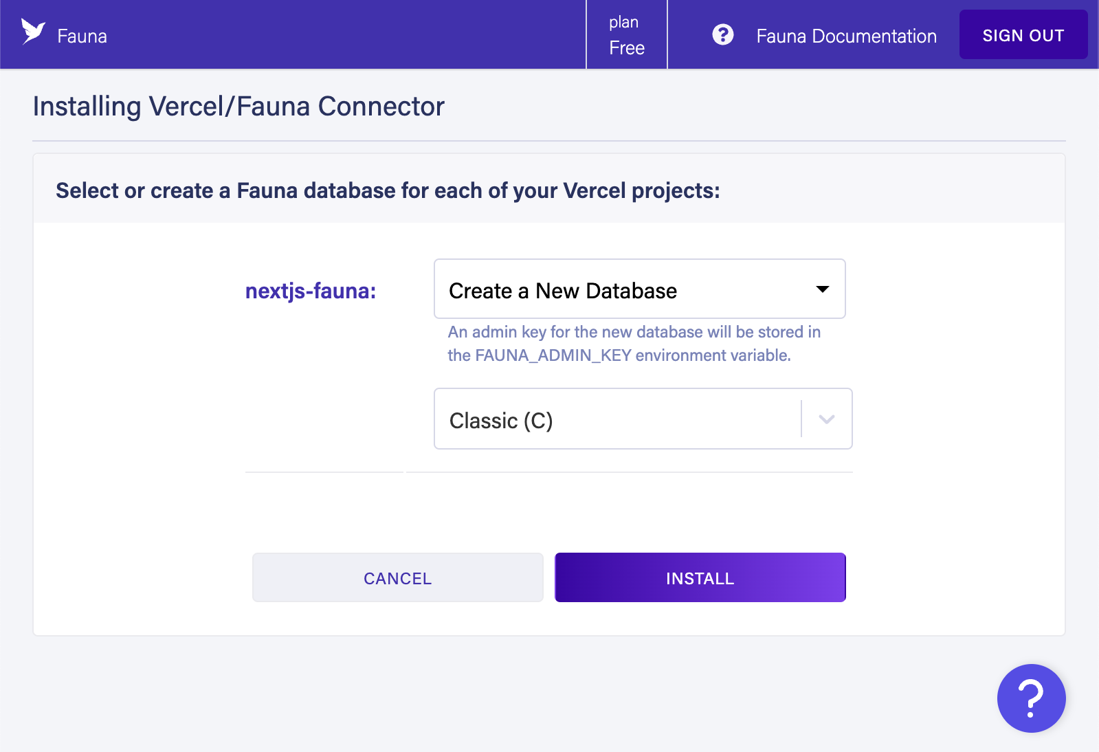 The Install Vercel/Fauna Connector screen