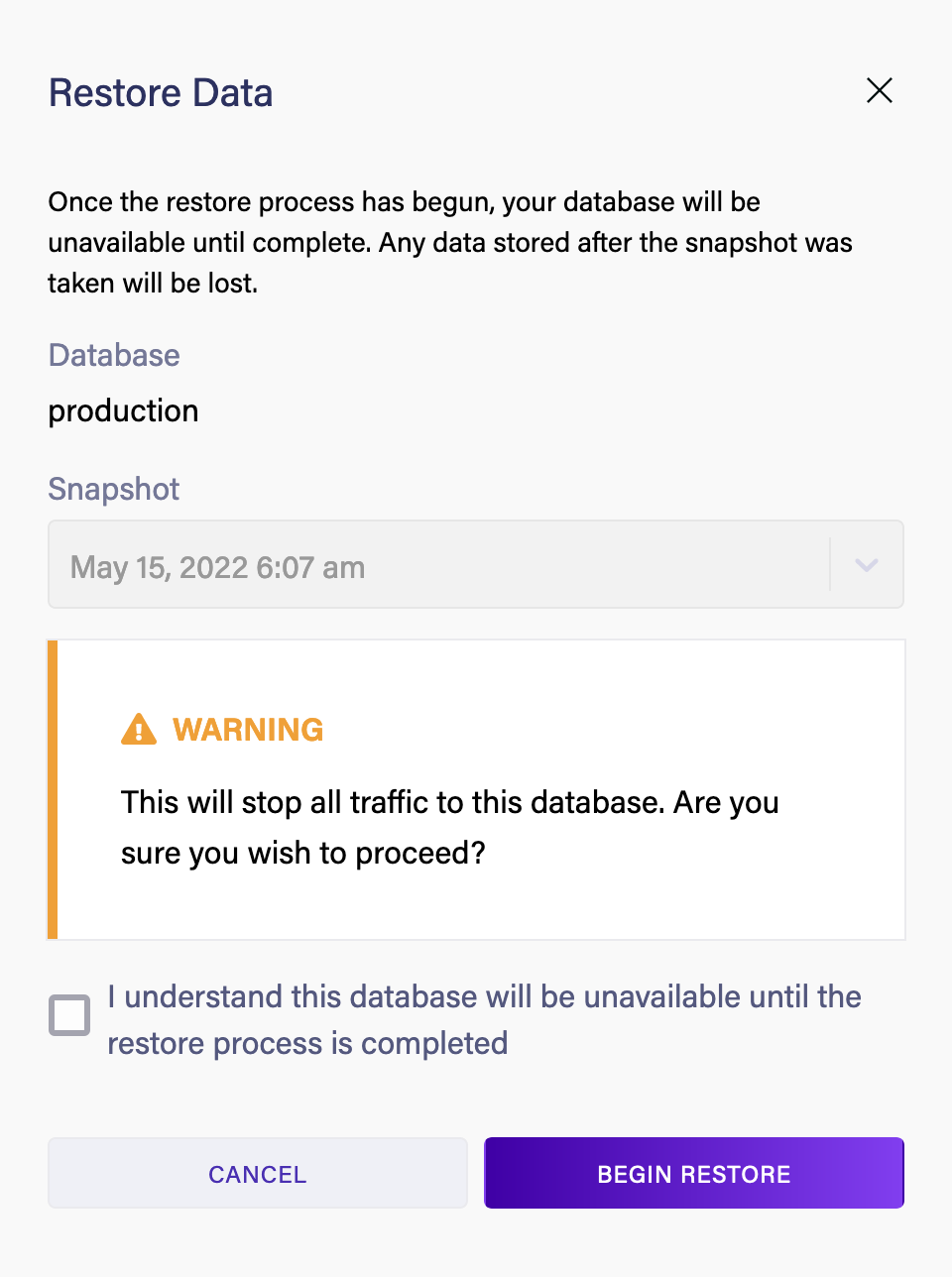 The Dashboard’s Restore Data panel
