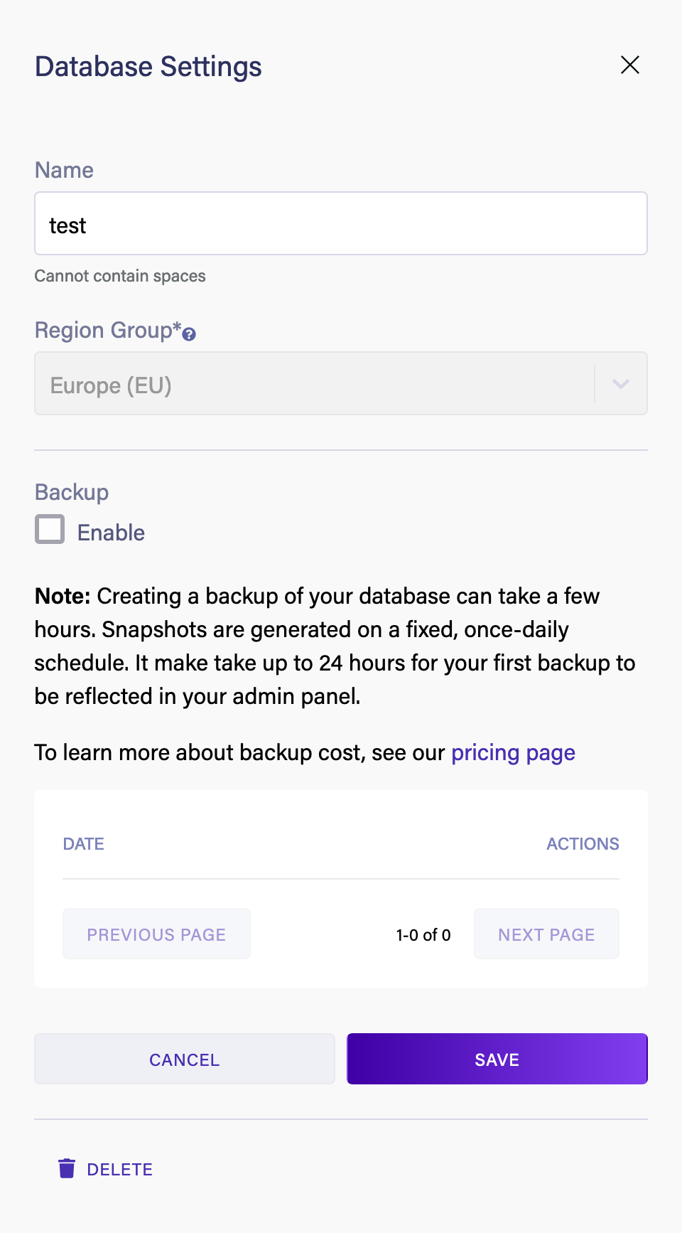 The database settings panel in the Dashboard, with backups disabled