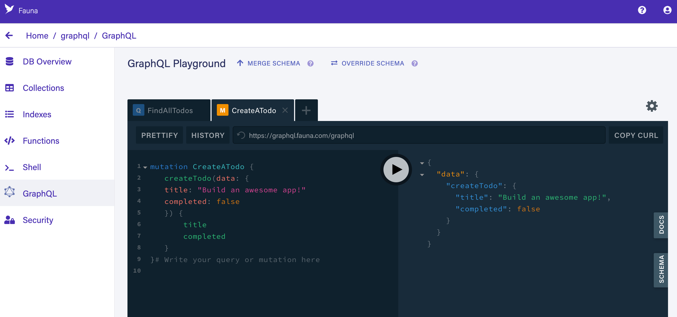 Created a document in GraphQL Playground
