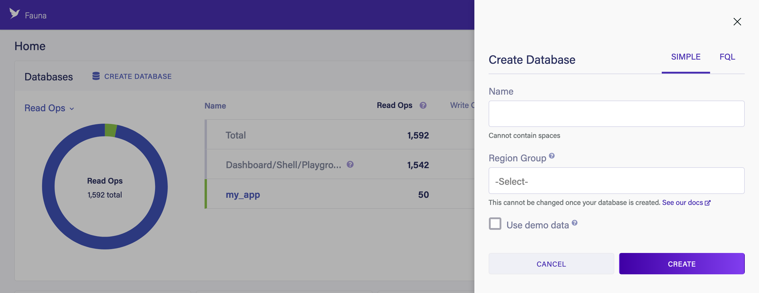 The Dashboard’s New Database screen, feature the Region Group selector