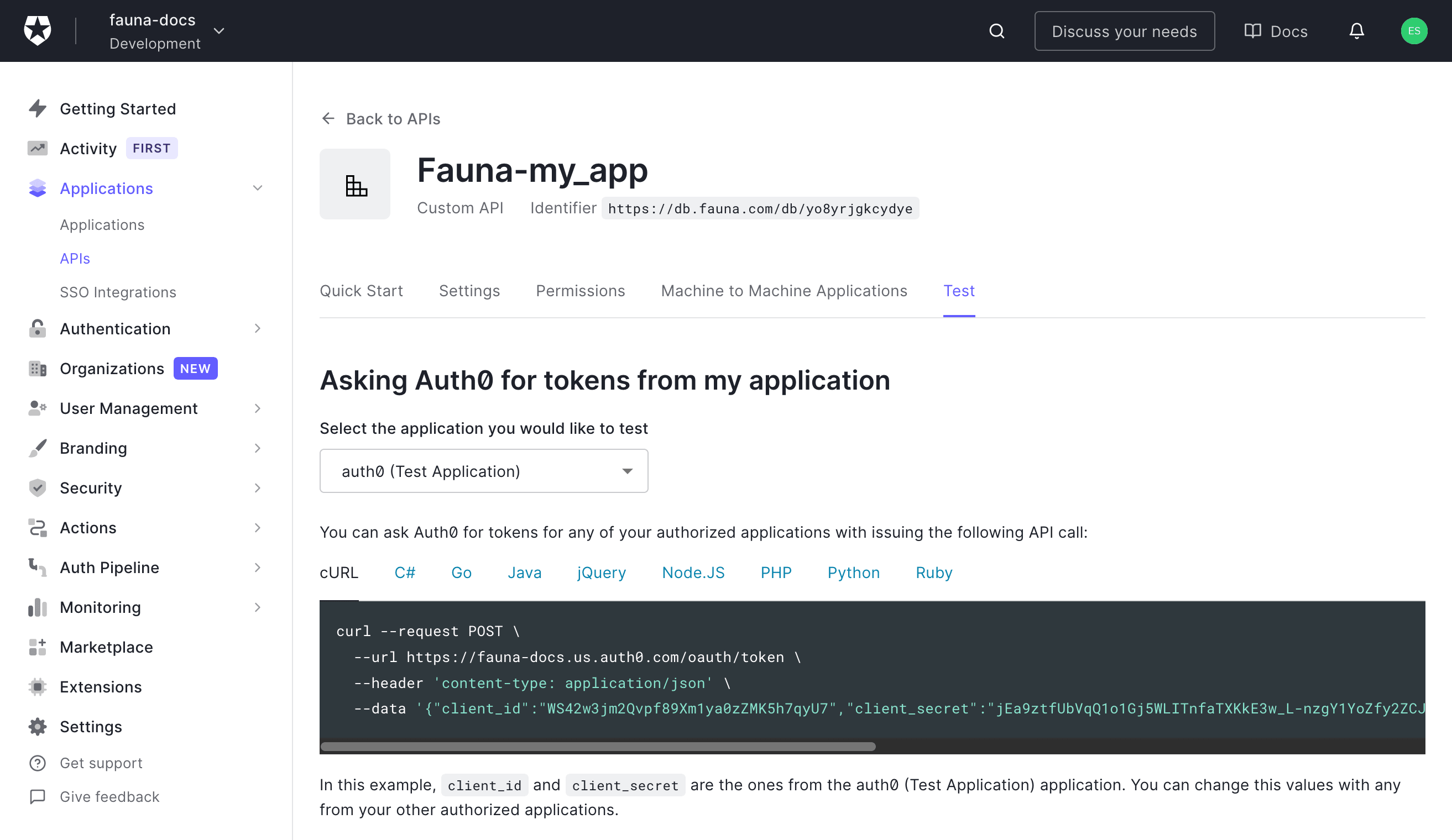 The Auth0 API screen with the Test tab selected
