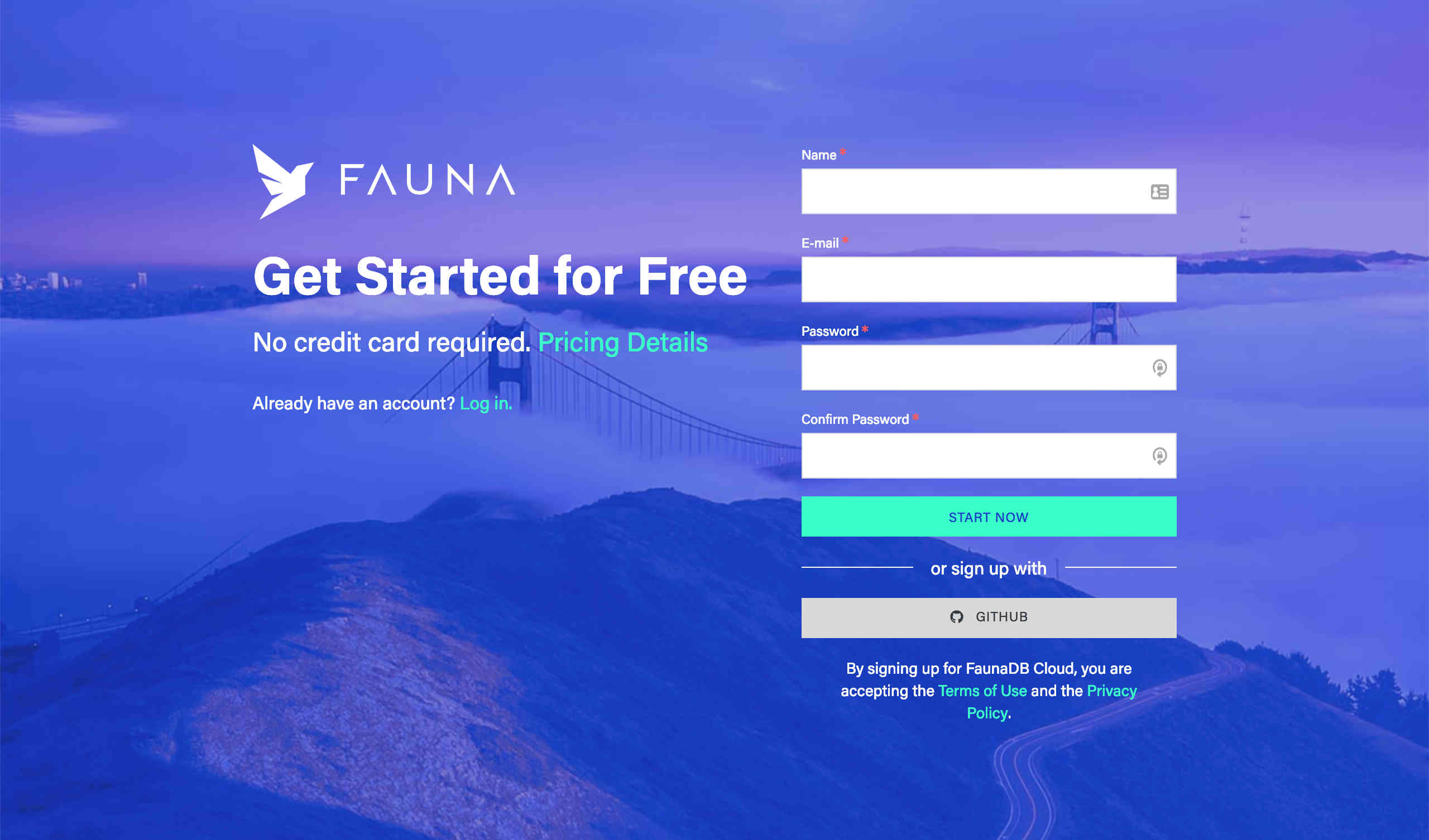 The Fauna sign up screen